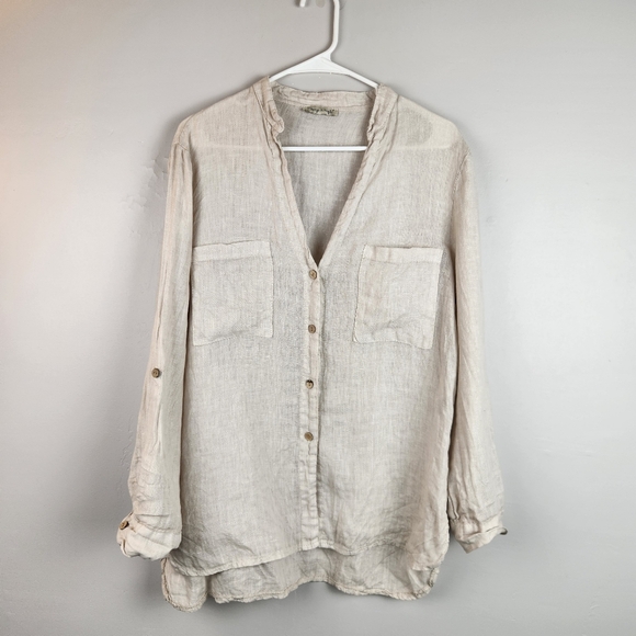 Italian Made Mandarin Collar V Neck Linen Roll Tab Sleeve Top XL - Picture 2 of 6